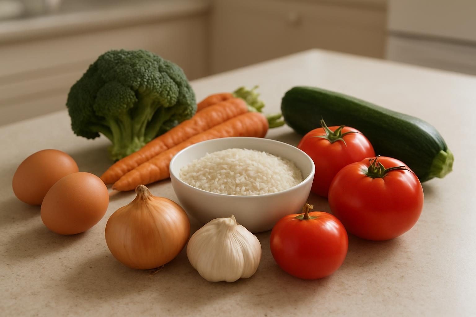 Ingredientes simples para receitas fáceis de almoço sobre a bancada da cozinha