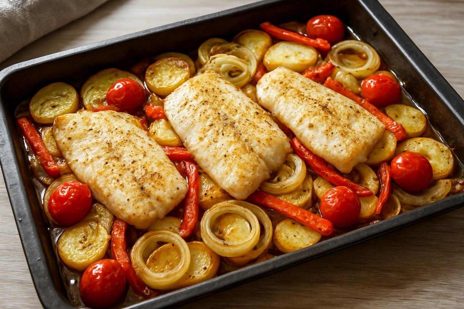Peixe assado com batatas e legumes na assadeira