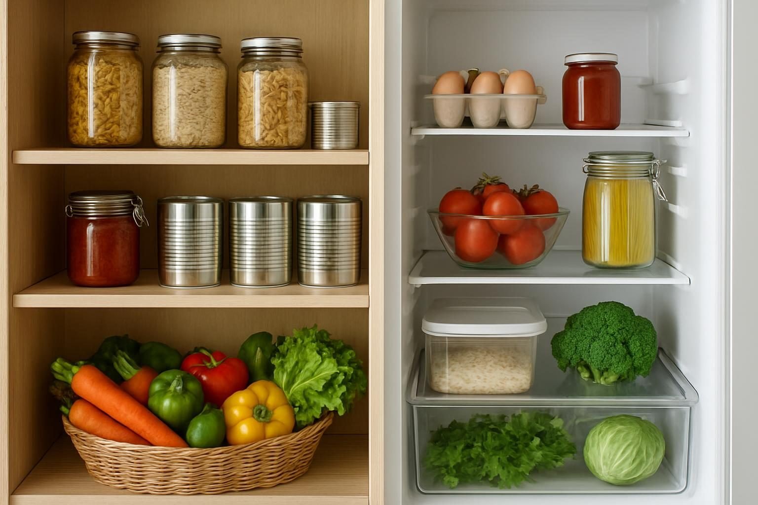 Despensa organizada com ovos, massas, arroz, enlatados e legumes para jantares rápidos