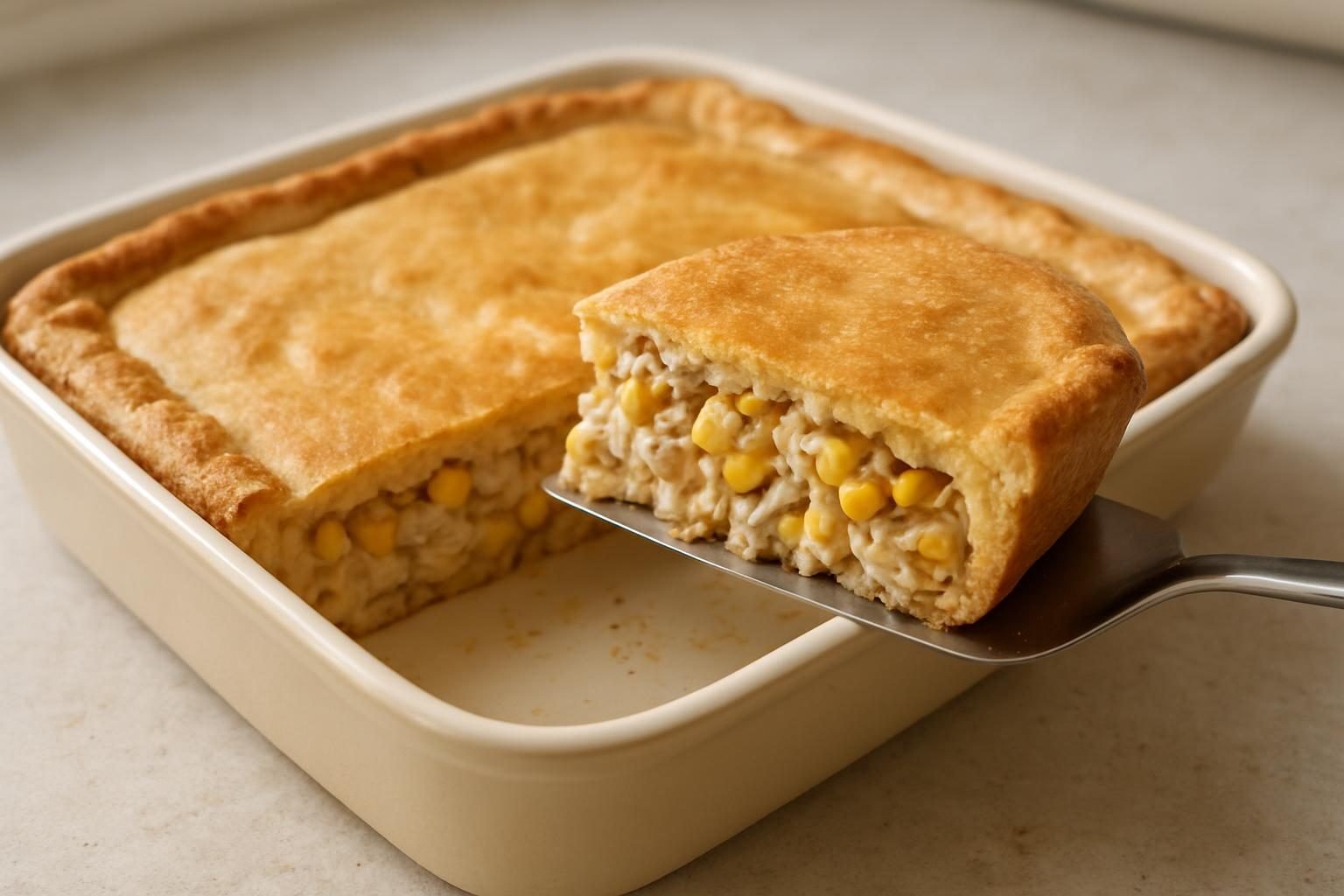Fatia de torta salgada de liquidificador com recheio de frango e milho