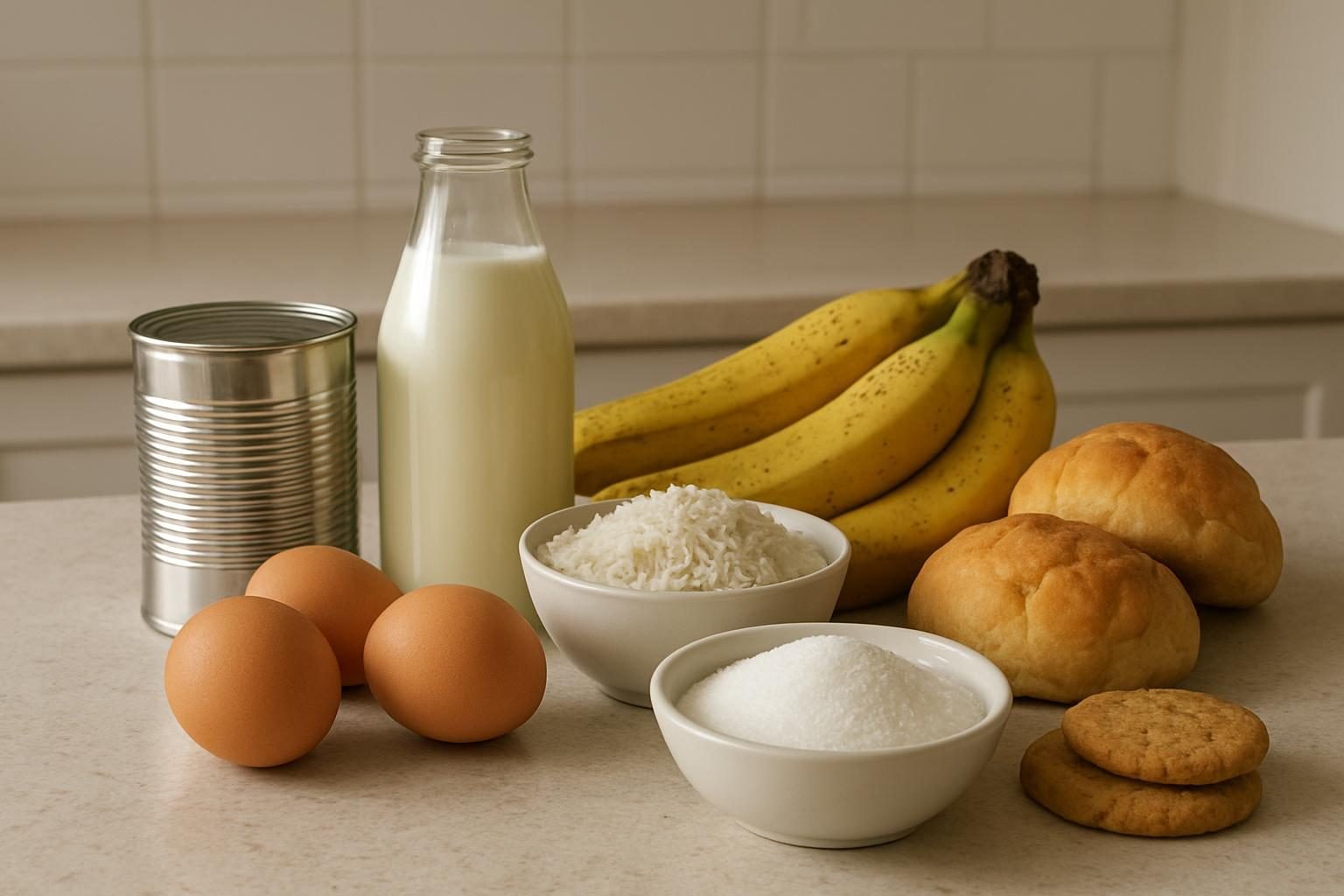 Ingredientes básicos de despensa para sobremesa barata: leite, ovos, açúcar, arroz, banana, pão e bolacha