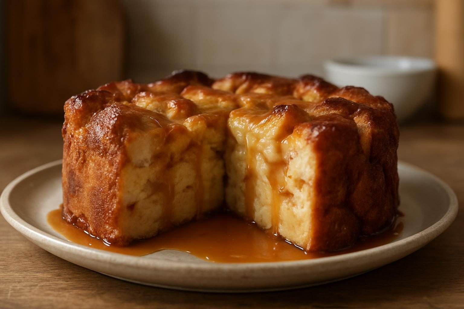 Pudim de pão caseiro com calda de caramelo, feito com pão amanhecido
