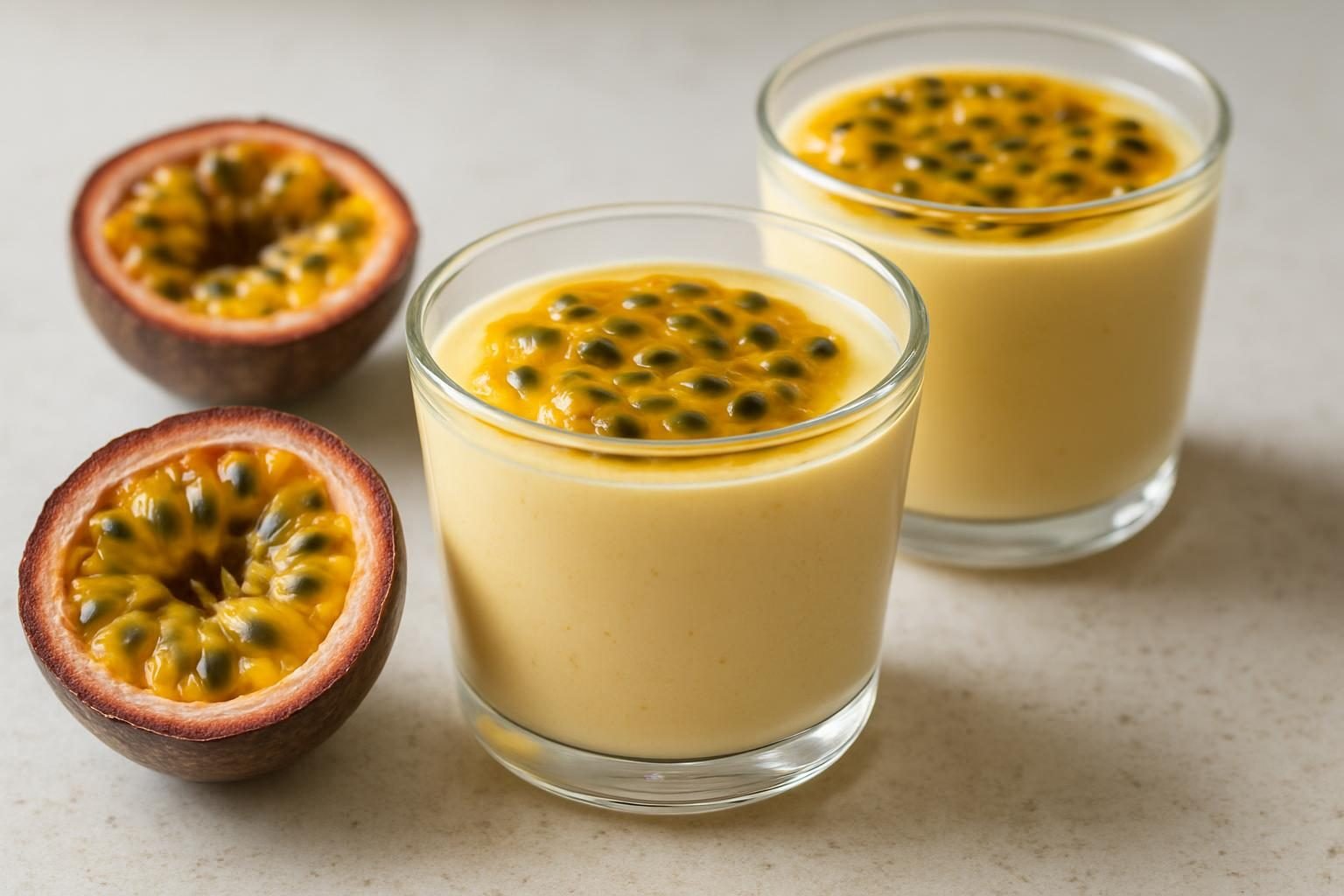 Mousse de maracujá em taças de vidro com calda de polpa da fruta e sementes